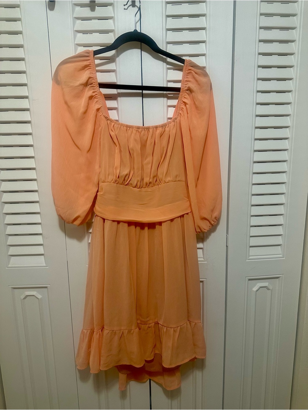 Peach Puff Puff-Sleeve Chiffon Dress